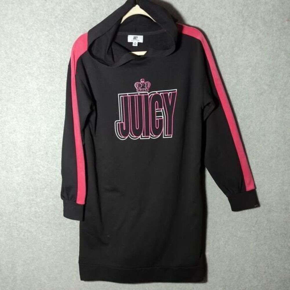 Juicy Couture Black Pink Graphic Logo Hoodie Sweatshirt Mini Dress M Velour